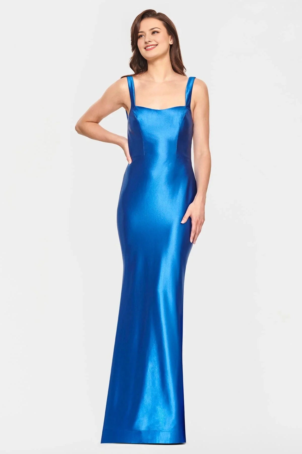 Robe Weitese en satin bleu roi, coupe sirène, col carré, bretelles spaghetti, ourlet au sol, robe de bal spectaculaire